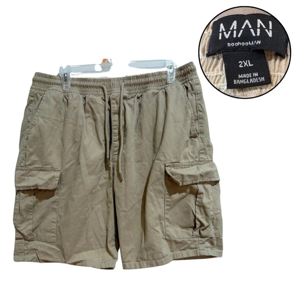BoohooMAN Men’s Brown Cargo Shorts 2XL Drawstring Waist Side Pockets